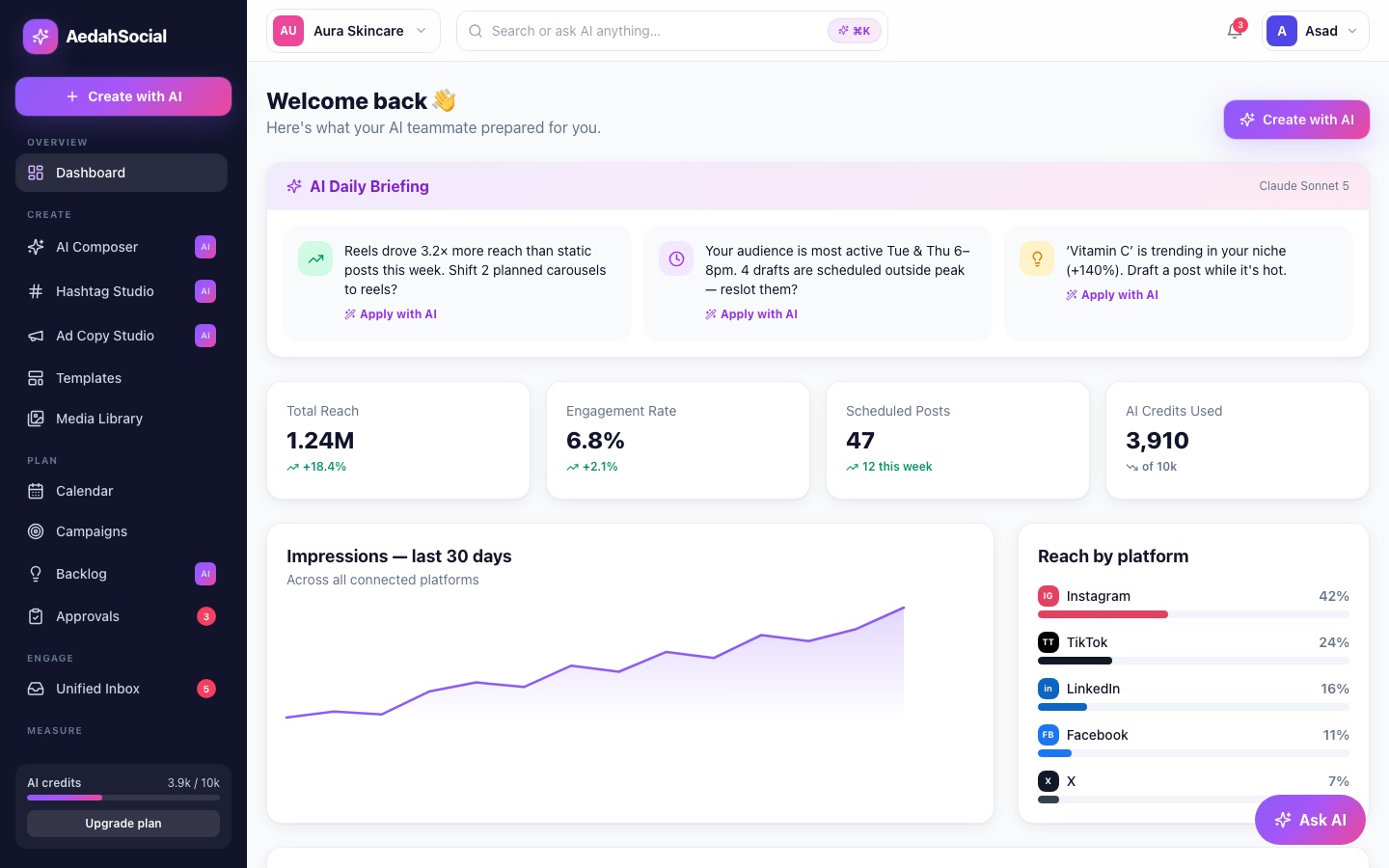 AedahSocial: an AI-first social media suite, designed screen by screen