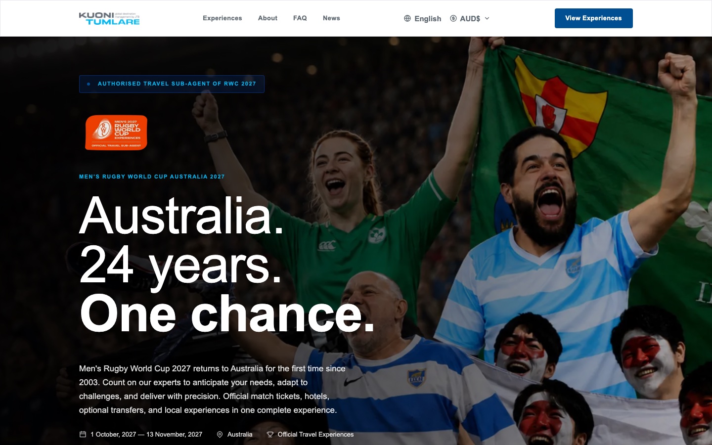 Kuoni Tumlare RWC 2027: first screen of the live site