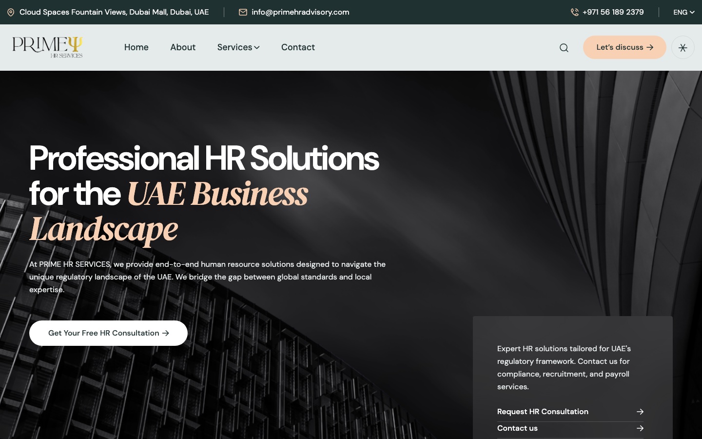 Prime HR Advisory: a sixteen-page HR consultancy site with a working enquiry path