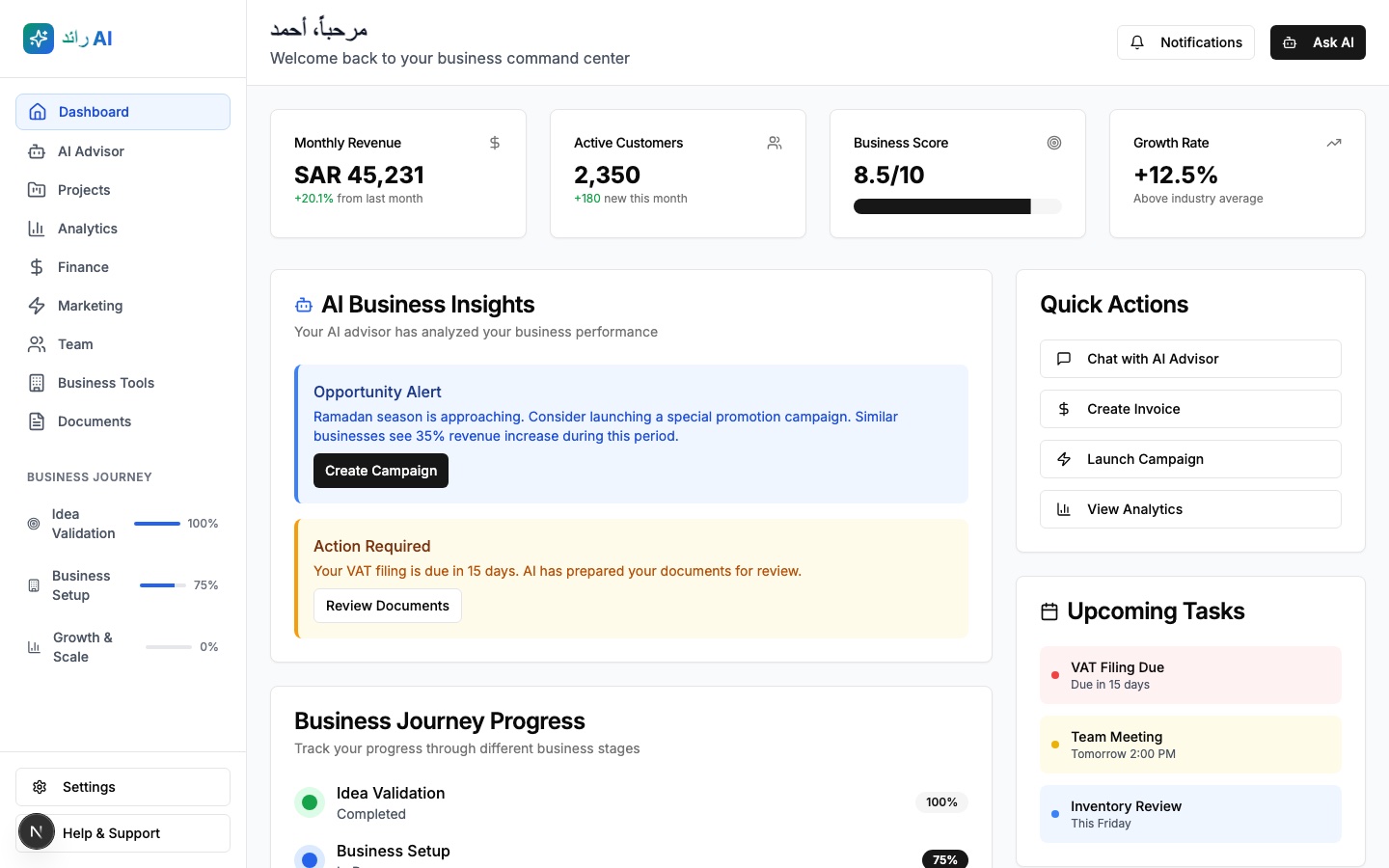 Saudi Entrepreneur OS: a business-operating-system prototype built with AI-assisted UI generation